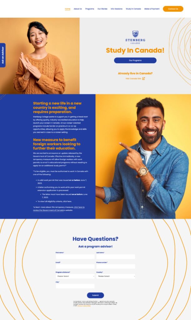 A section of Stenberg College International's website