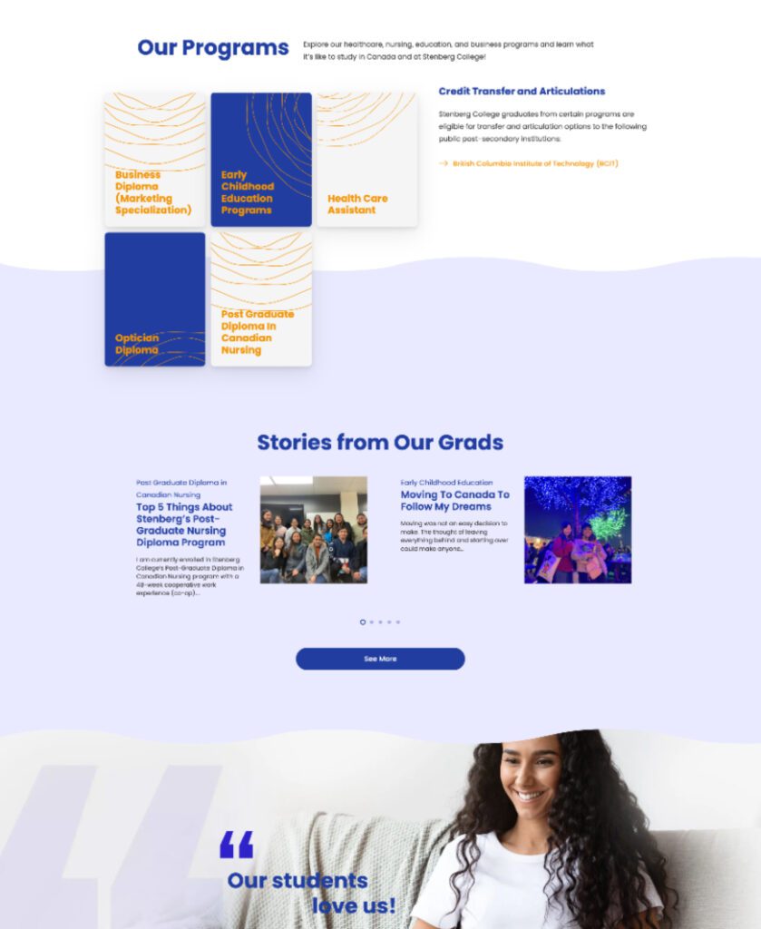 A section of Stenberg College International's website