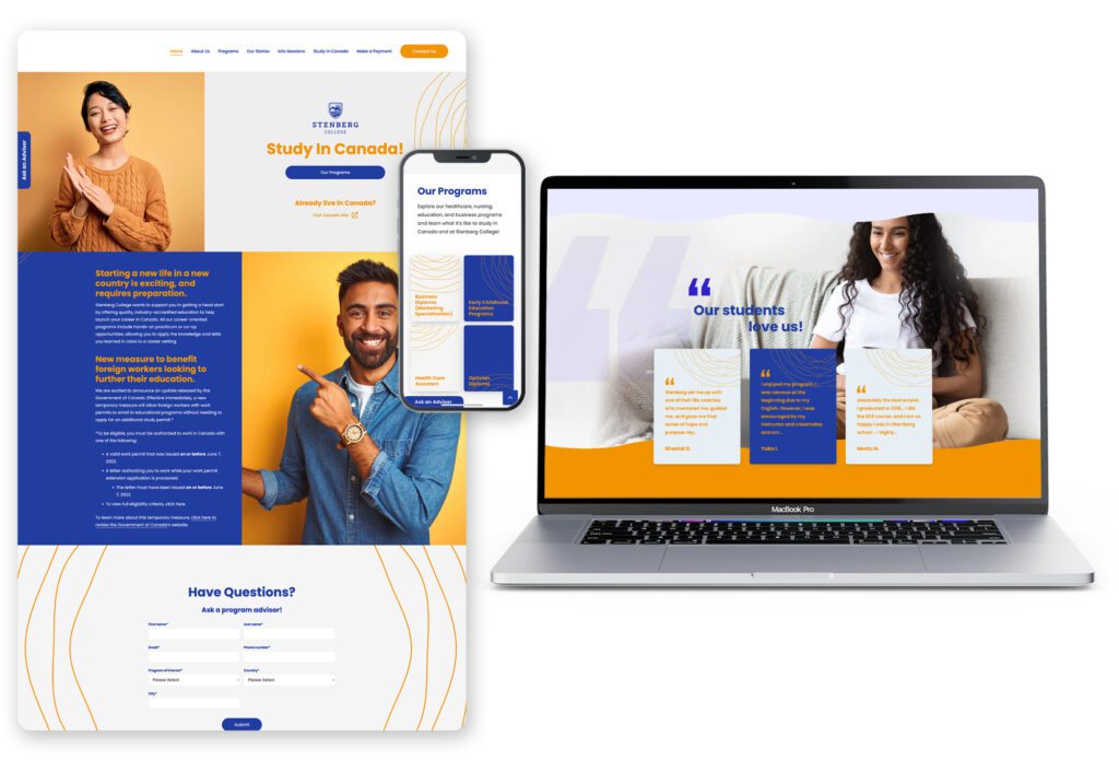 Stenberg College International's website shown on a laptop and phone screen