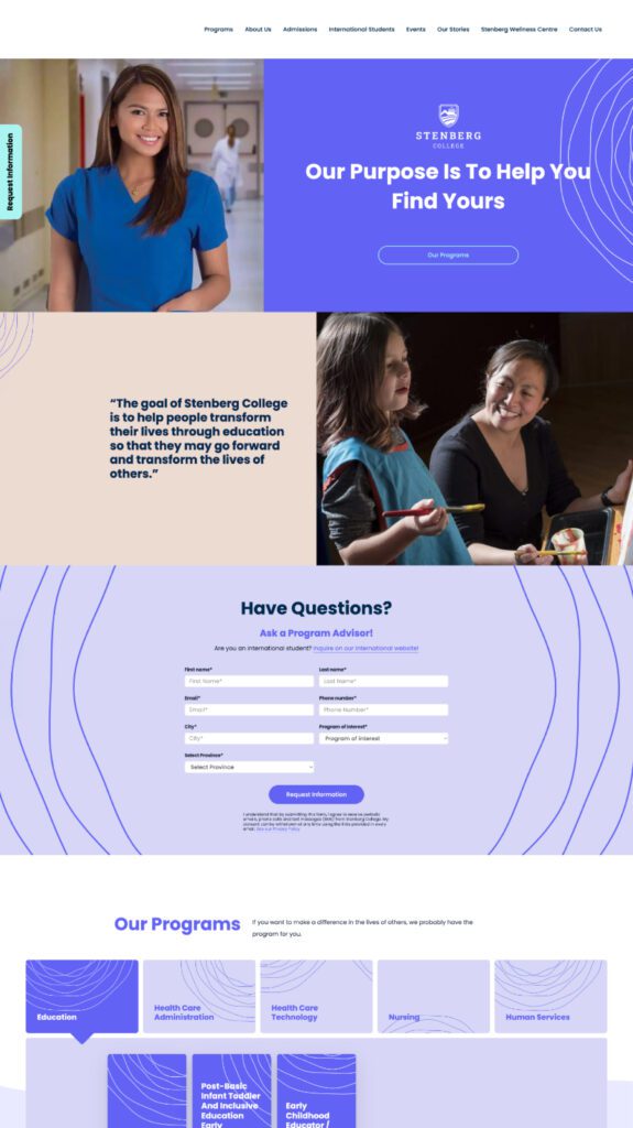 A section of Stenberg College's website