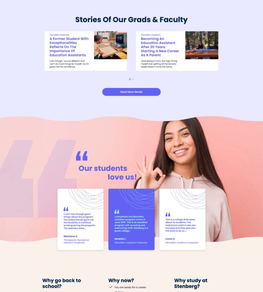 A section of Stenberg College's website