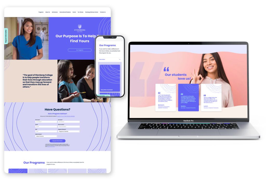 Stenberg College's website shown on a laptop and phone screen