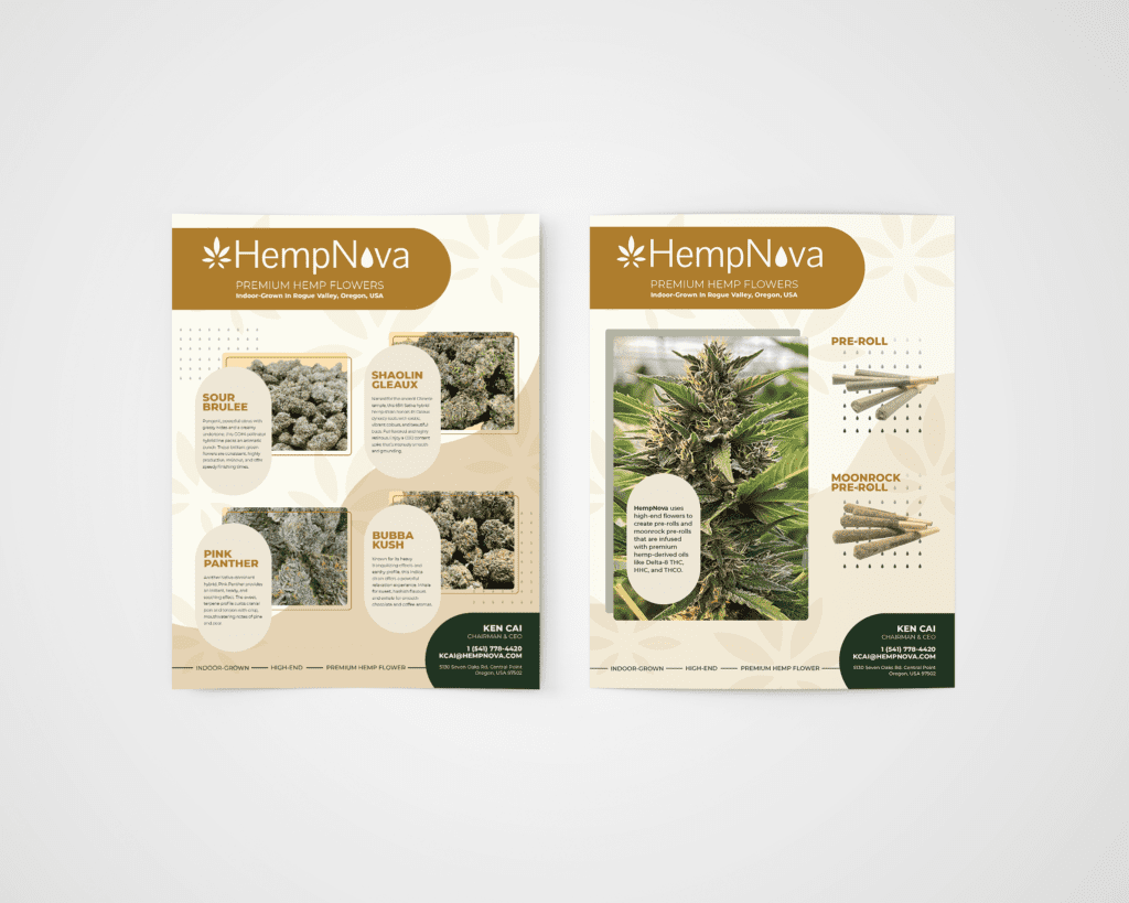 Front and back flyers advertising quality of HempNova hemp flowers
