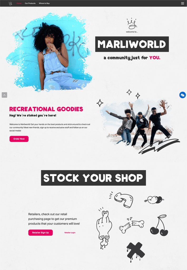 Marliworld website screenshot happy people and cartoon graphics