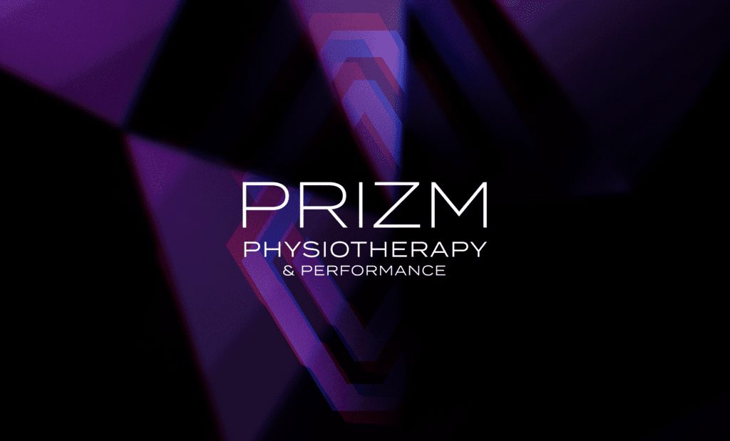 Prizm Physio wordmark on dark purple refracted background