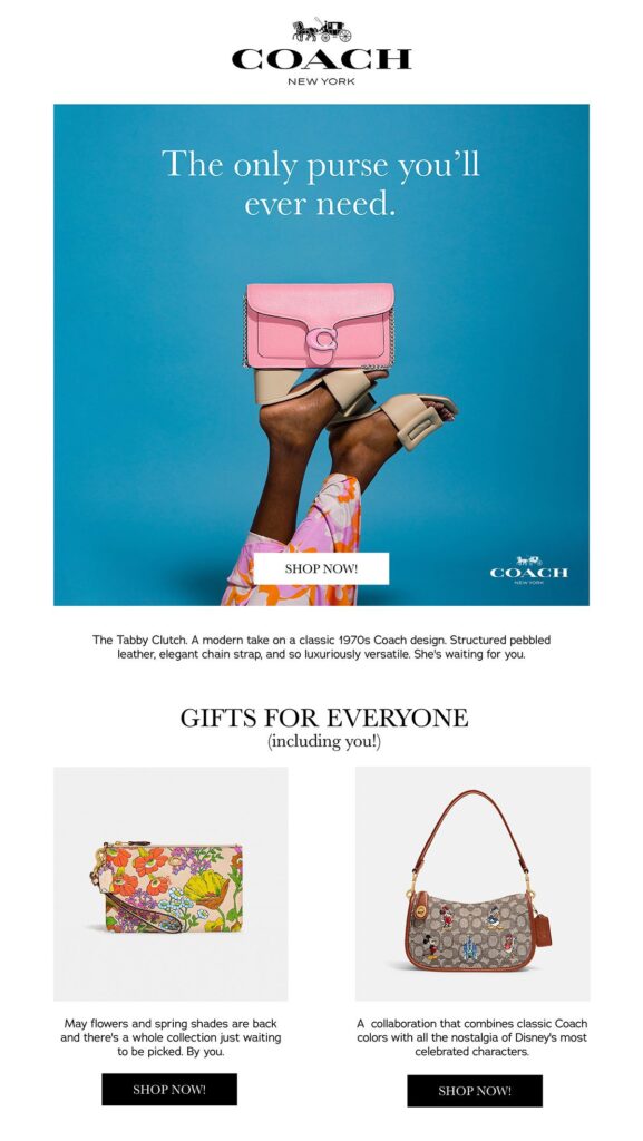 Marketing email layout showcasing Coach bags