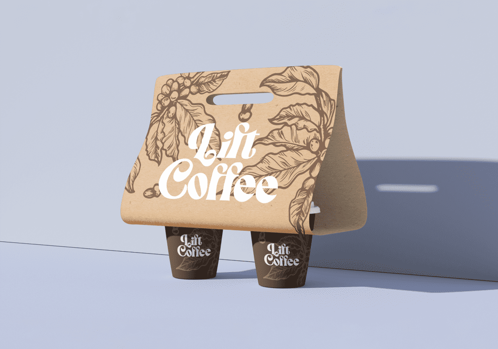 Concept packaging for Lift Coffee cup holders sitting on light purple background