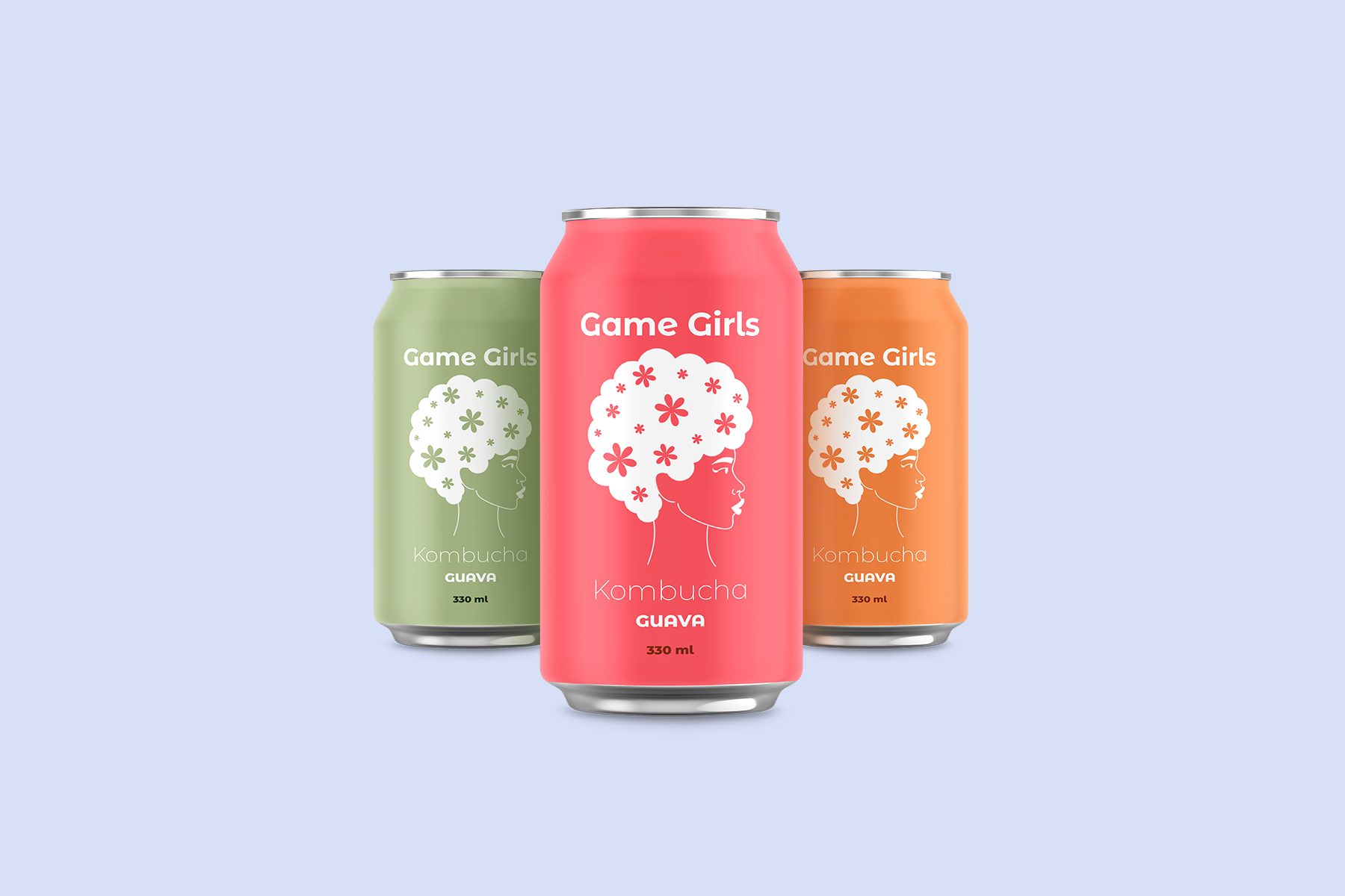 Pink, green, and orange can packaging for Game Girls Kombucha on light purple background