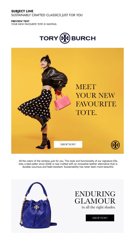 Marketing email layout showcasing Tory Burch bags