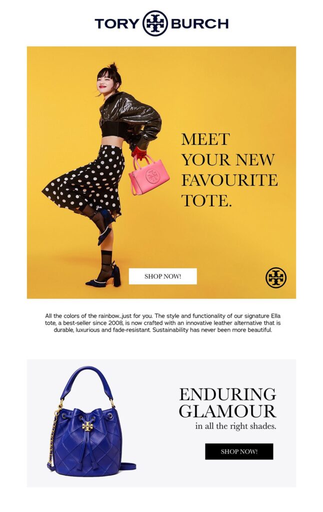 Marketing email layout showcasing Tory Burch bags