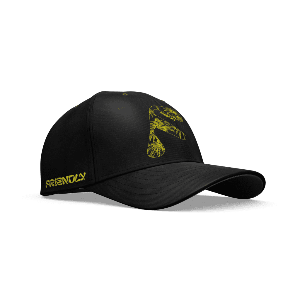Black hat with Friendly Hemp logo on it