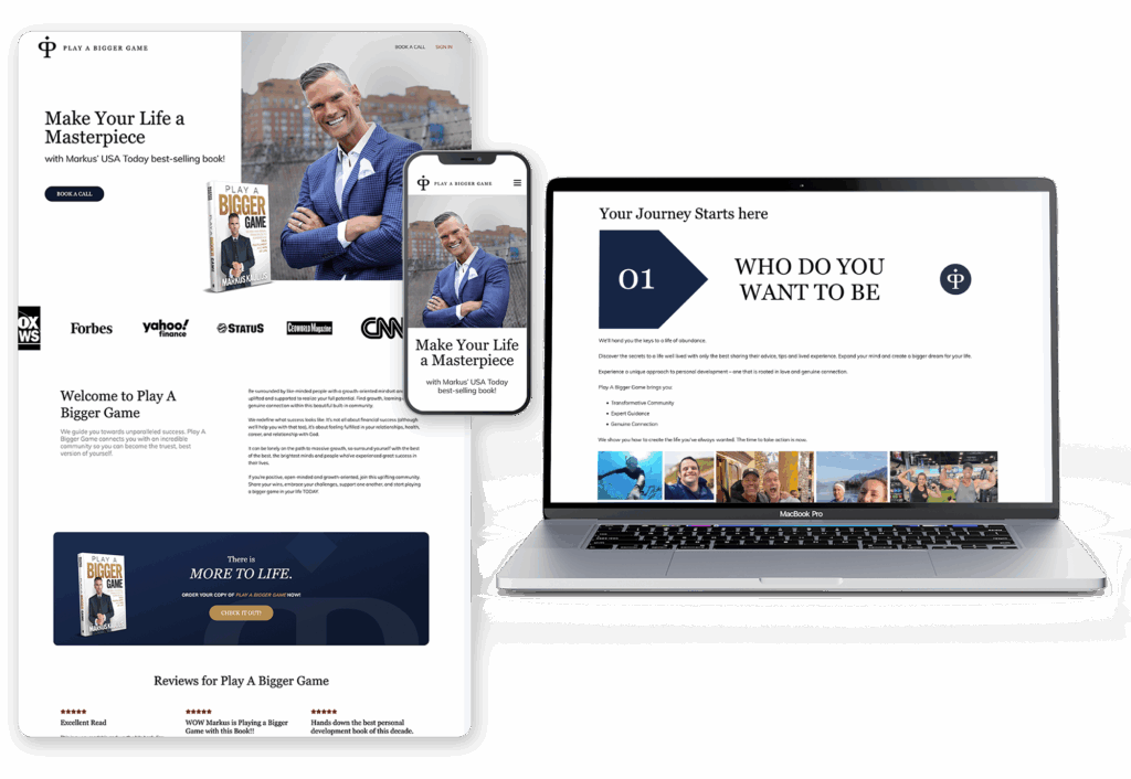 Play A Bigger Game's website shown on a laptop and mobile phone