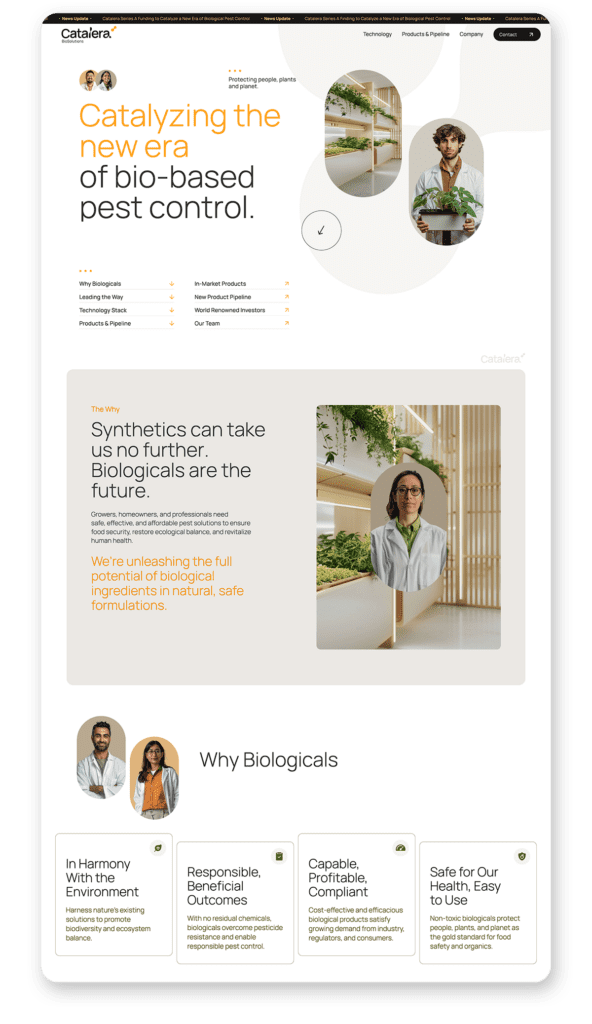 Catalera BioSolutions' new homepage showcasing their bold, dynamic, and future-focused design