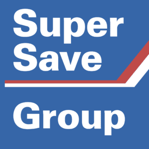 Blue, red and white Super Save logo