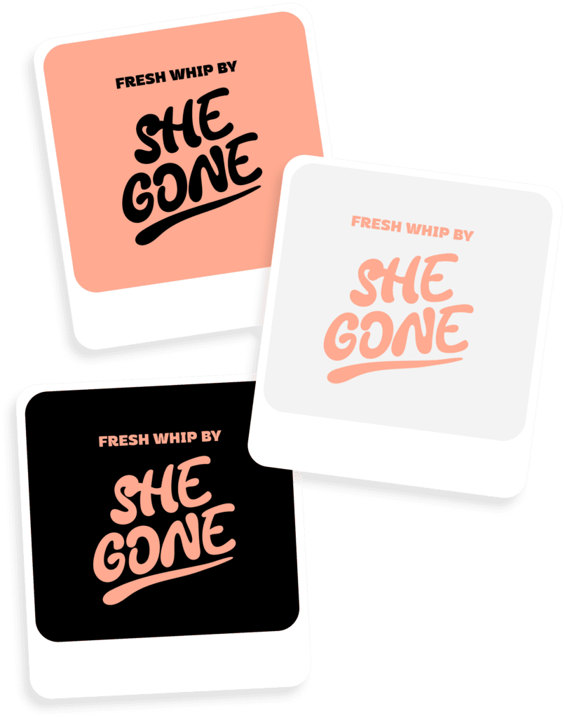 She Gone logo variations shown on coloured cards