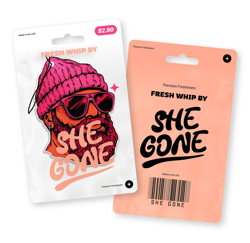 Front and back views of She Gone air freshener packaging designs