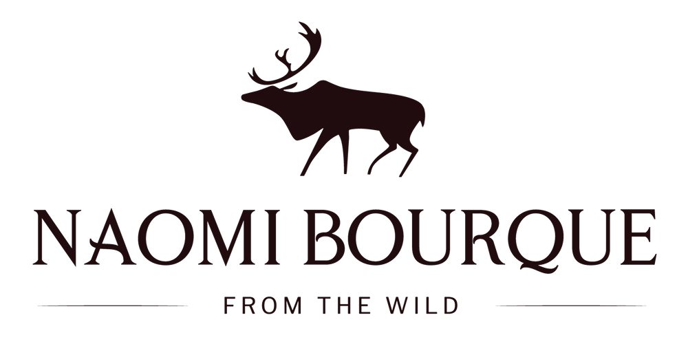 Dark brown logo for Naomi Bourque, featuring her name, an elk silhouette, and the tagline "From The Wild"