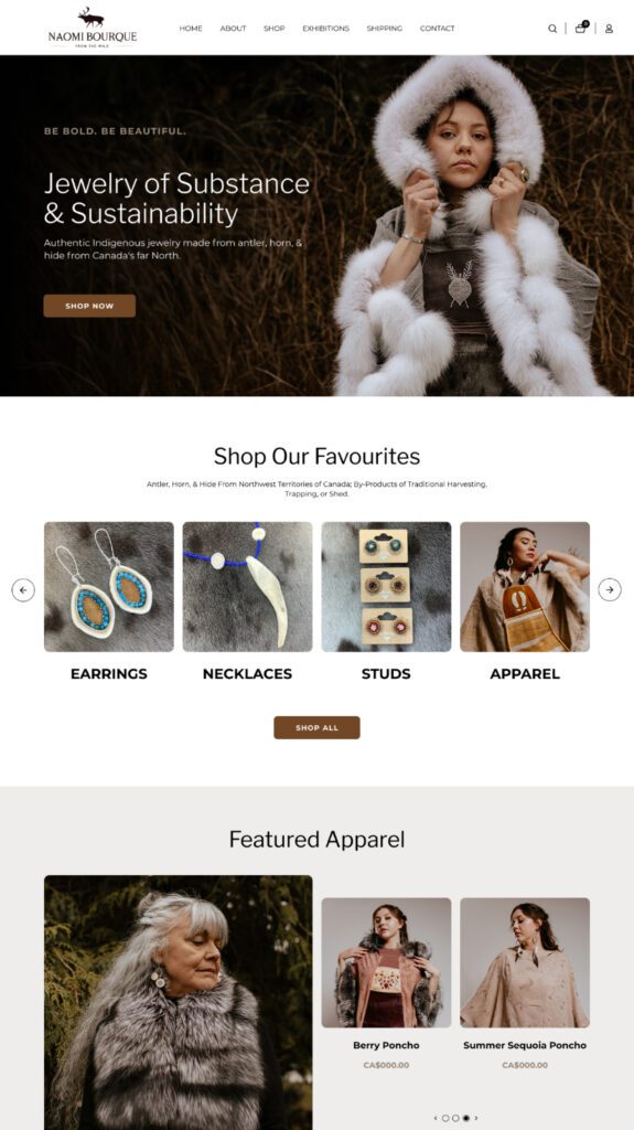 A section of Naomi Bourque's new website, showcasing her authentic Indigenous jewelry and apparel