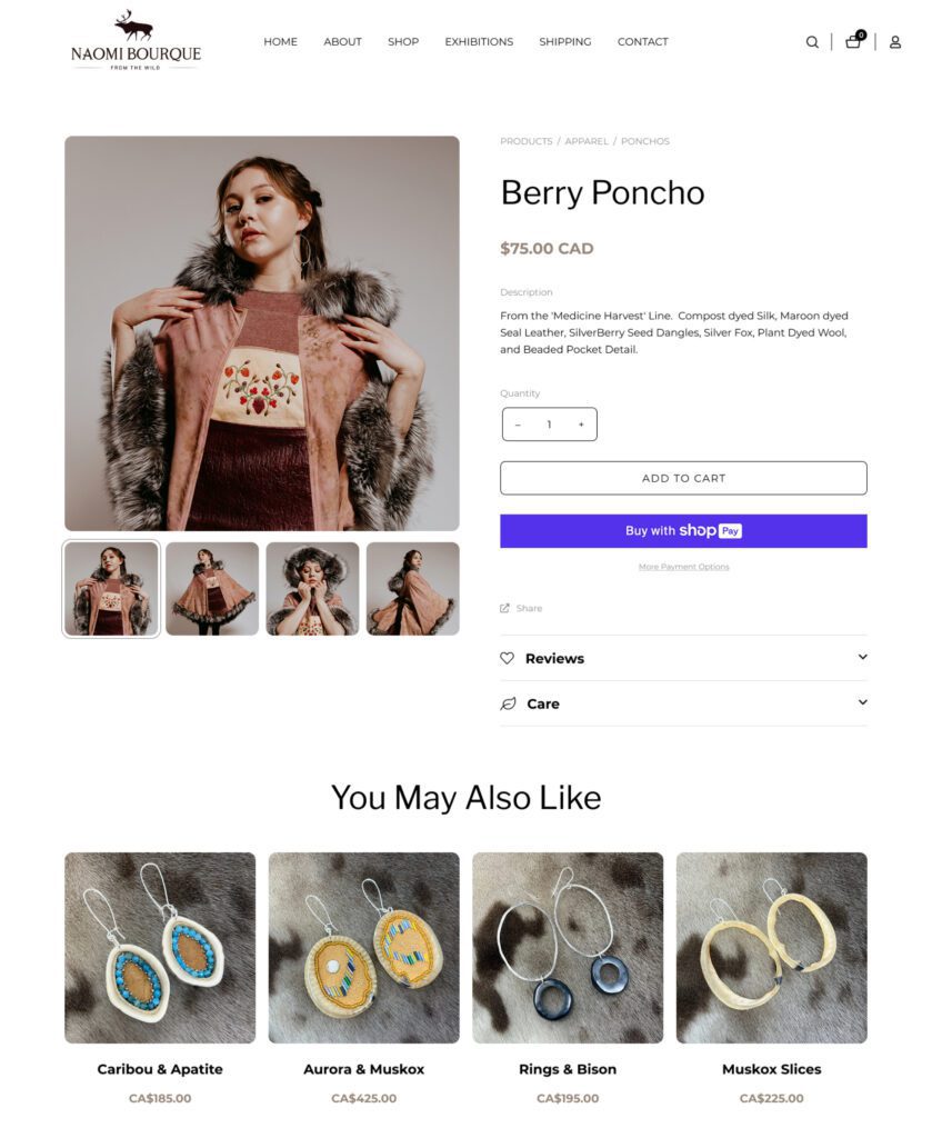 A section of Naomi Bourque's new product web page, showcasing her authentic Indigenous jewelry and apparel