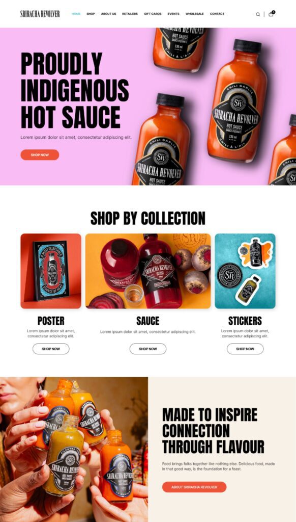 A section of Sriracha Revolver's new website, showcasing the bright and bold new look