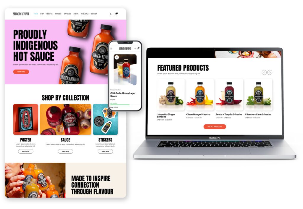 Sriracha Revolver's website shown on laptop and mobile phone screens