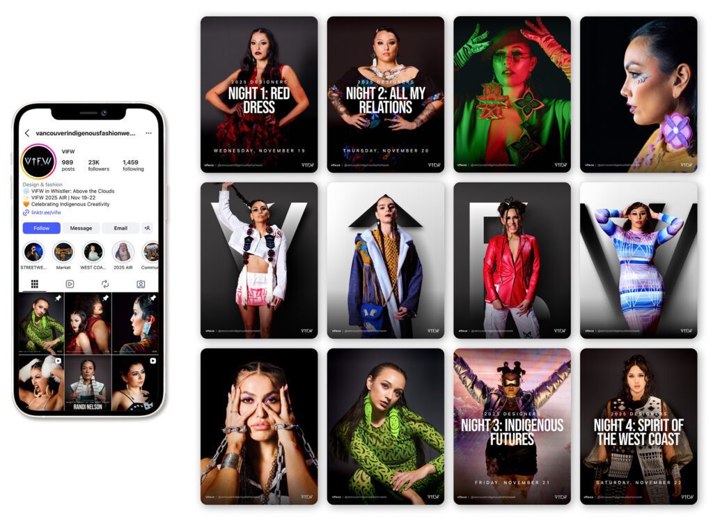 A smart phone showing Vancouver Indigenous Fashion Week's Instagram profile next to a grid of twelve images of models