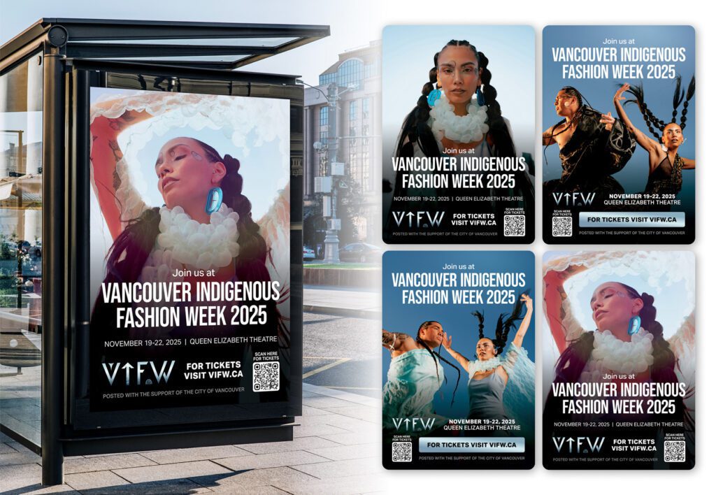 A transit bus shelter with an advertisement for Vancouver Indigenous Fashion Week 2025 next to four alternate ad designs